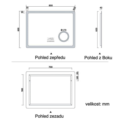Vyhřívané LED zrcadlo do koupelny AICA s Bluetooth a proti zamlžování - moderní koupelnové zrcadlo s topnou fólií, dotykovým ovládáním a 2 barvami LED osvětlení (teplá bílá 2700K/studená bílá 6500K). Designové protizamlžovací zrcadlo s digitálními hodinami, 3x zvětšeným kosmetickým zrcátkem a hliníkovým rámem. Rozměry 80-160 cm pro všechny koupelny.