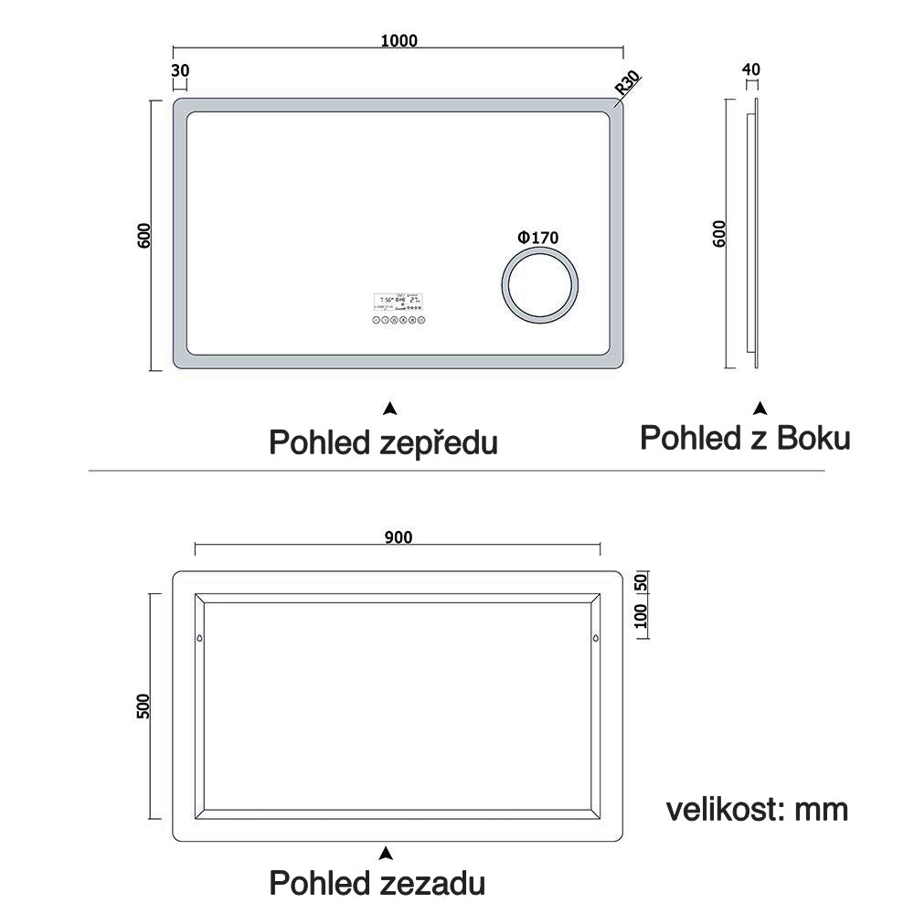Vyhřívané LED zrcadlo do koupelny AICA s Bluetooth a proti zamlžování - moderní koupelnové zrcadlo s topnou fólií, dotykovým ovládáním a 2 barvami LED osvětlení (teplá bílá 2700K/studená bílá 6500K). Designové protizamlžovací zrcadlo s digitálními hodinami, 3x zvětšeným kosmetickým zrcátkem a hliníkovým rámem. Rozměry 80-160 cm pro všechny koupelny.