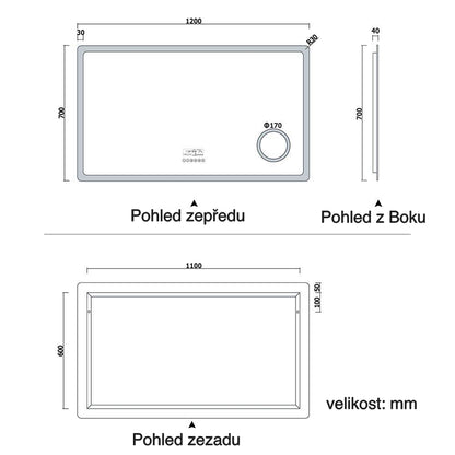 Vyhřívané LED zrcadlo do koupelny AICA s Bluetooth a proti zamlžování - moderní koupelnové zrcadlo s topnou fólií, dotykovým ovládáním a 2 barvami LED osvětlení (teplá bílá 2700K/studená bílá 6500K). Designové protizamlžovací zrcadlo s digitálními hodinami, 3x zvětšeným kosmetickým zrcátkem a hliníkovým rámem. Rozměry 80-160 cm pro všechny koupelny.