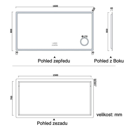 Vyhřívané LED zrcadlo do koupelny AICA s Bluetooth a proti zamlžování - moderní koupelnové zrcadlo s topnou fólií, dotykovým ovládáním a 2 barvami LED osvětlení (teplá bílá 2700K/studená bílá 6500K). Designové protizamlžovací zrcadlo s digitálními hodinami, 3x zvětšeným kosmetickým zrcátkem a hliníkovým rámem. Rozměry 80-160 cm pro všechny koupelny.