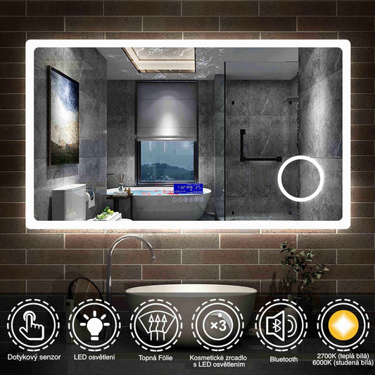 Vyhřívané LED zrcadlo do koupelny AICA s Bluetooth a proti zamlžování - moderní koupelnové zrcadlo s topnou fólií, dotykovým ovládáním a 2 barvami LED osvětlení (teplá bílá 2700K/studená bílá 6500K). Designové protizamlžovací zrcadlo s digitálními hodinami, 3x zvětšeným kosmetickým zrcátkem a hliníkovým rámem. Rozměry 80-160 cm pro všechny koupelny.