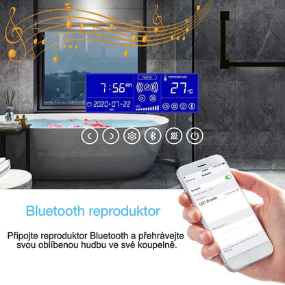 Vyhřívané LED zrcadlo do koupelny AICA s Bluetooth a proti zamlžování - moderní koupelnové zrcadlo s topnou fólií, dotykovým ovládáním a 2 barvami LED osvětlení (teplá bílá 2700K/studená bílá 6500K). Designové protizamlžovací zrcadlo s digitálními hodinami, 3x zvětšeným kosmetickým zrcátkem a hliníkovým rámem. Rozměry 80-160 cm pro všechny koupelny.