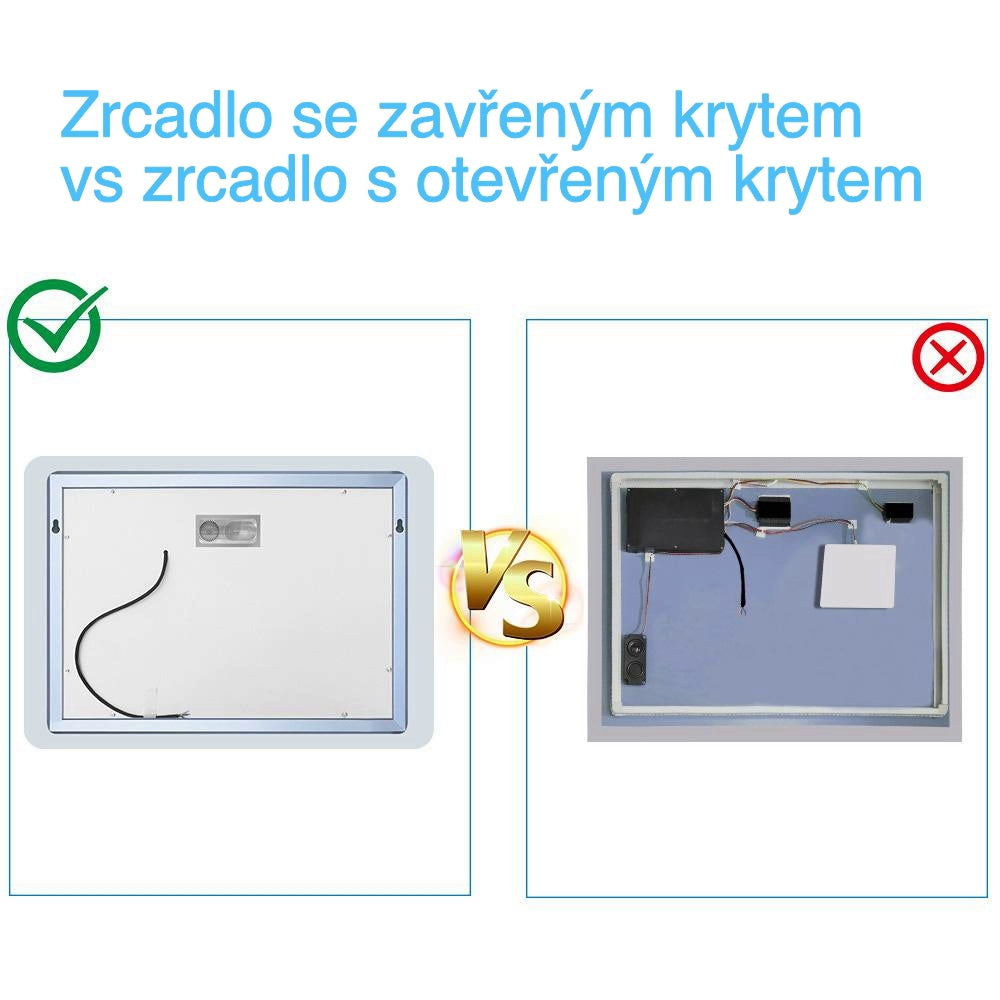 Vyhřívané LED zrcadlo do koupelny AICA s Bluetooth a proti zamlžování - moderní koupelnové zrcadlo s topnou fólií, dotykovým ovládáním a 2 barvami LED osvětlení (teplá bílá 2700K/studená bílá 6500K). Designové protizamlžovací zrcadlo s digitálními hodinami, 3x zvětšeným kosmetickým zrcátkem a hliníkovým rámem. Rozměry 80-160 cm pro všechny koupelny.