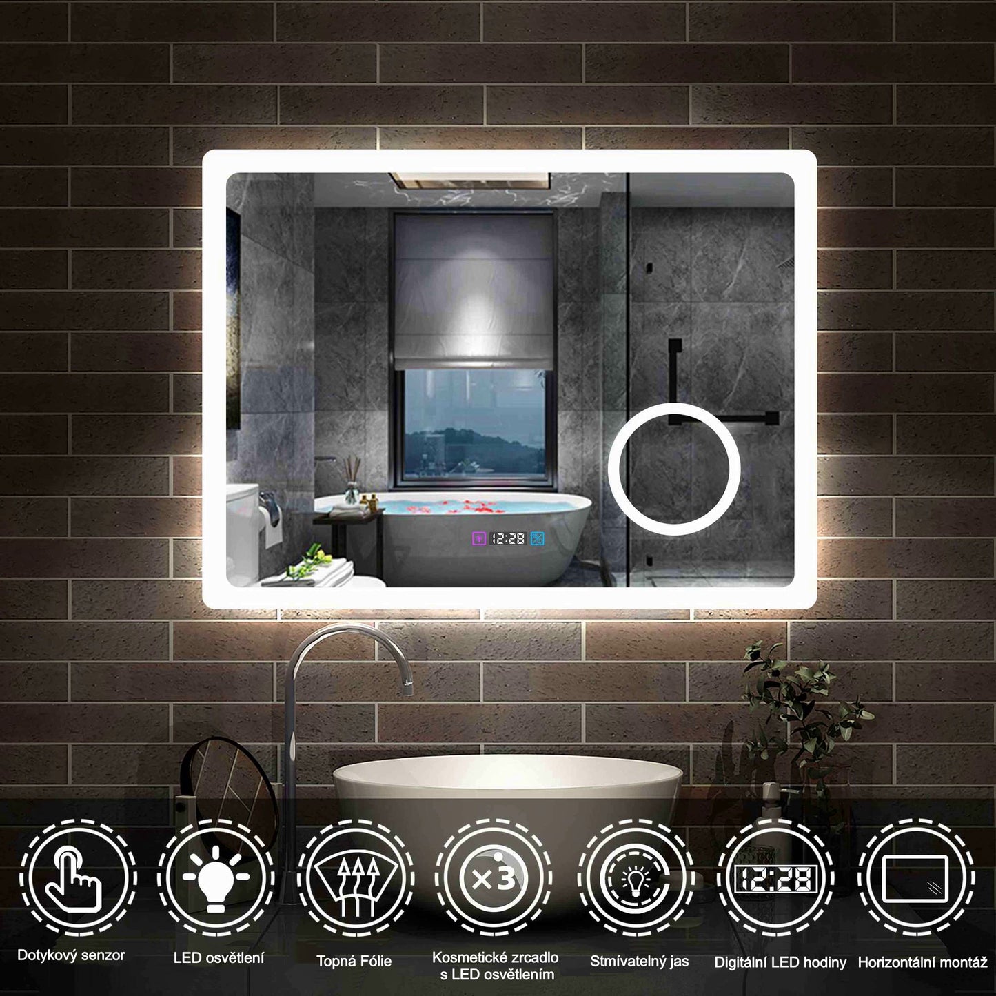 AICA multifunkční koupelnové zrcadlo JHD150XTM s vyhříváním - dotykové LED zrcadlo 80-160 cm s hodinami, 3x zvětšením a anti-fog funkcí - moderní nástěnné zrcadlo do koupelny s nastavitelným osvětlením (teplá/studená bílá)

