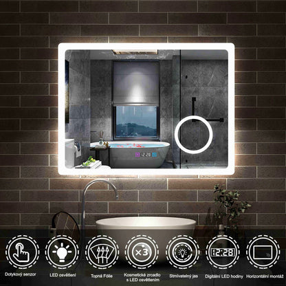 AICA multifunkční koupelnové zrcadlo JHD150XTM s vyhříváním - dotykové LED zrcadlo 80-160 cm s hodinami, 3x zvětšením a anti-fog funkcí - moderní nástěnné zrcadlo do koupelny s nastavitelným osvětlením (teplá/studená bílá)

