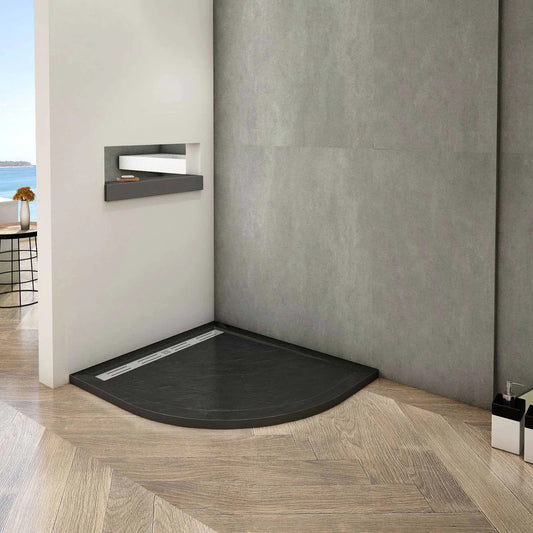 Černá čtvrtkruhová sprchová vanička 80x80 cm - protiskluzový litý mramor s imitací kamene, nízkoprofilový design 3 cm, moderní sprchová vana do koupelny s antioxidačním povrchem a odtokovým sifónem zdarma