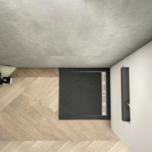 Černá sprchová vanička 80x80 z litého mramoru - protiskluzová vanička do sprchového koutu s kamenným efektem, montáž na úrovni podlahy (3 cm), odolná vanička s nosností 500 kg