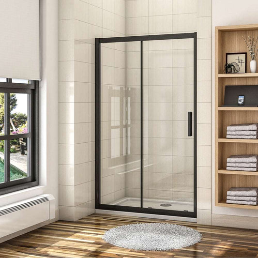 AICA Sprchové dveře posuvné  | Černé posuvné sprchové dveře NSU4-E-95-8B | Luxusní tmavé posuvné dveře do sprchy | 8mm tlusté bezpečnostní NANO sklo s EasyClean povrchem | Univerzální montáž pro levou i pravou stranu (L/P) | Rozměry šířka 100-160cm, výška 195cm | Elegantní černé hliníkové profily odolné proti korozi | Moderní design do vaší koupelny | 2 válečkový systém pro hladký posuv | Voděodolné těsnění proti úniku vody | Snadno udržovatelné, anticalc a antibakteriální povrch