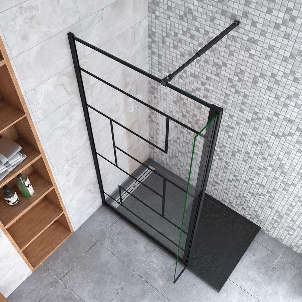 Walk In sprchová zástěna černá – 8mm NANO sklo, nastavitelná 70–140 cm, teleskopická vzpěra a moderní design pro malé koupelny.