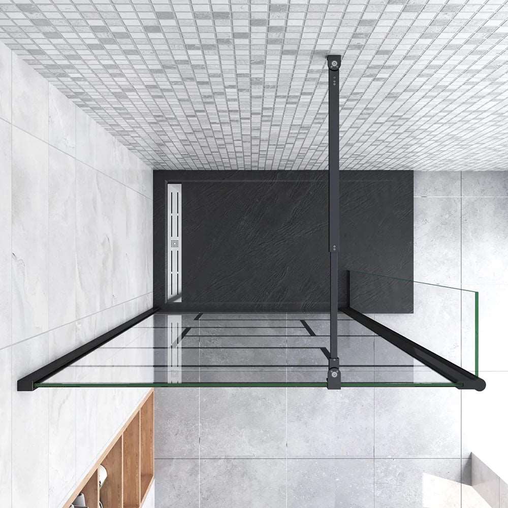 Walk In sprchová zástěna černá – 8mm NANO sklo, nastavitelná 70–140 cm, teleskopická vzpěra a moderní design pro malé koupelny.