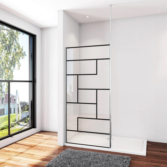 Walk-in sprchová zástěna s 8mm NANO sklem (EasyClean), černé/chromové profily, stropní tyč 203–320 cm. Bezrámový design, rozměry 70–140 cm, výška 200 cm. Antišmouhový povrch pro snadnou údržbu.

