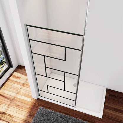Walk-in sprchová zástěna s 8mm NANO sklem (EasyClean), černé/chromové profily, stropní tyč 203–320 cm. Bezrámový design, rozměry 70–140 cm, výška 200 cm. Antišmouhový povrch pro snadnou údržbu.