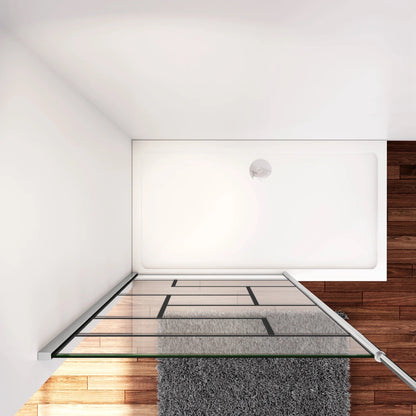Walk-in sprchová zástěna s 8mm NANO sklem (EasyClean), černé/chromové profily, stropní tyč 203–320 cm. Bezrámový design, rozměry 70–140 cm, výška 200 cm. Antišmouhový povrch pro snadnou údržbu.

