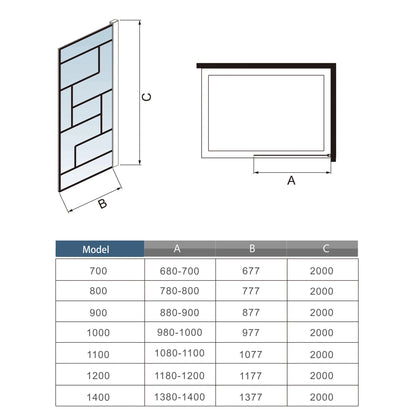 Walk-in sprchová zástěna s 8mm NANO sklem (EasyClean), černé/chromové profily, stropní tyč 203–320 cm. Bezrámový design, rozměry 70–140 cm, výška 200 cm. Antišmouhový povrch pro snadnou údržbu.

