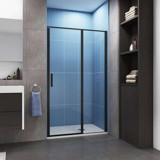 Černé jednokřídlé sprchové dveře do niky s 6mm NANO sklem, šířka 80-140cm, výška 185cm, univerzální montáž L/P, moderní design, hliníkový profil odolný proti korozi, bezpečnostní ESG sklo, snadno čistitelné EasyClean povrchové úpravy, antikorozní madlo ze slitiny zinku, těsnění proti úniku vody, sprchový kout do výklenku, keramické dveře, nerezová konstrukce, designové řešení do koupelny