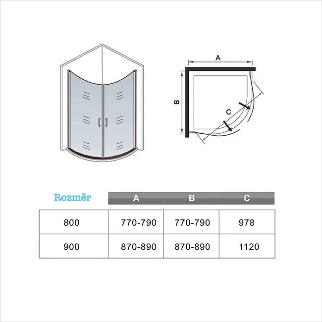 AICA čtvrtkruhový sprchový kout PHXDE-95 s jednokřídlými dveřmi - 6mm NANO sklo EasyClean, leštěný hliníkový profil, rozměry 80x80/90x90 cm, výška 195 cm, rohová sprchová kabina s madlem, ideální do malých koupelen