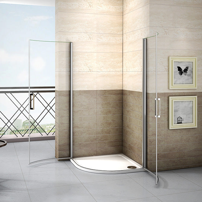 AICA čtvrtkruhový sprchový kout PHXDE-95 s jednokřídlými dveřmi - 6mm NANO sklo EasyClean, leštěný hliníkový profil, rozměry 80x80/90x90 cm, výška 195 cm, rohová sprchová kabina s madlem, ideální do malých koupelen