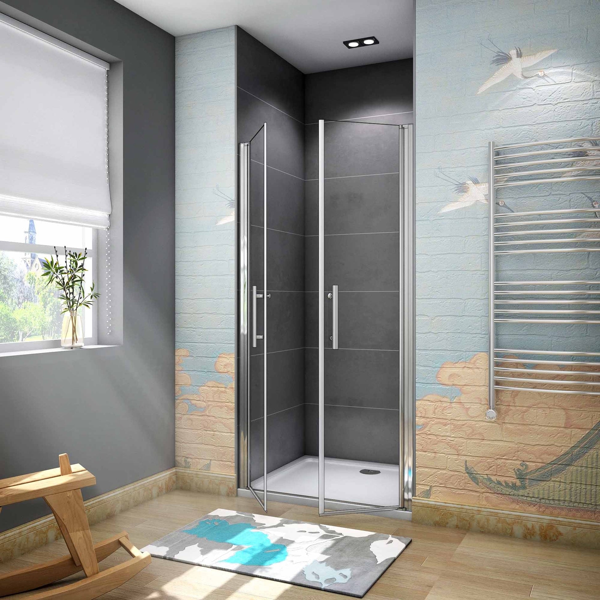 Dvoukřídlé sprchové dveře do niky z 6mm bezpečnostního čirého NANO skla s EasyClean povrchem. Elegantní leštěný hliníkový profil v chromové barvě, odolný proti korozi. Univerzální montáž pro levou i pravou stranu (L/P), výška 195 cm. Dveře obsahují magnetickou lištu pro dokonalé těsnění a madlo pro pohodlné otevírání. Ideální řešení pro moderní koupelny a sprchové kouty v rozměrech 70-140 cm. Skleněné posuvné dveře s otočným mechanismem, snadno čistitelné, vhodné do malých prostorů i výklenků.