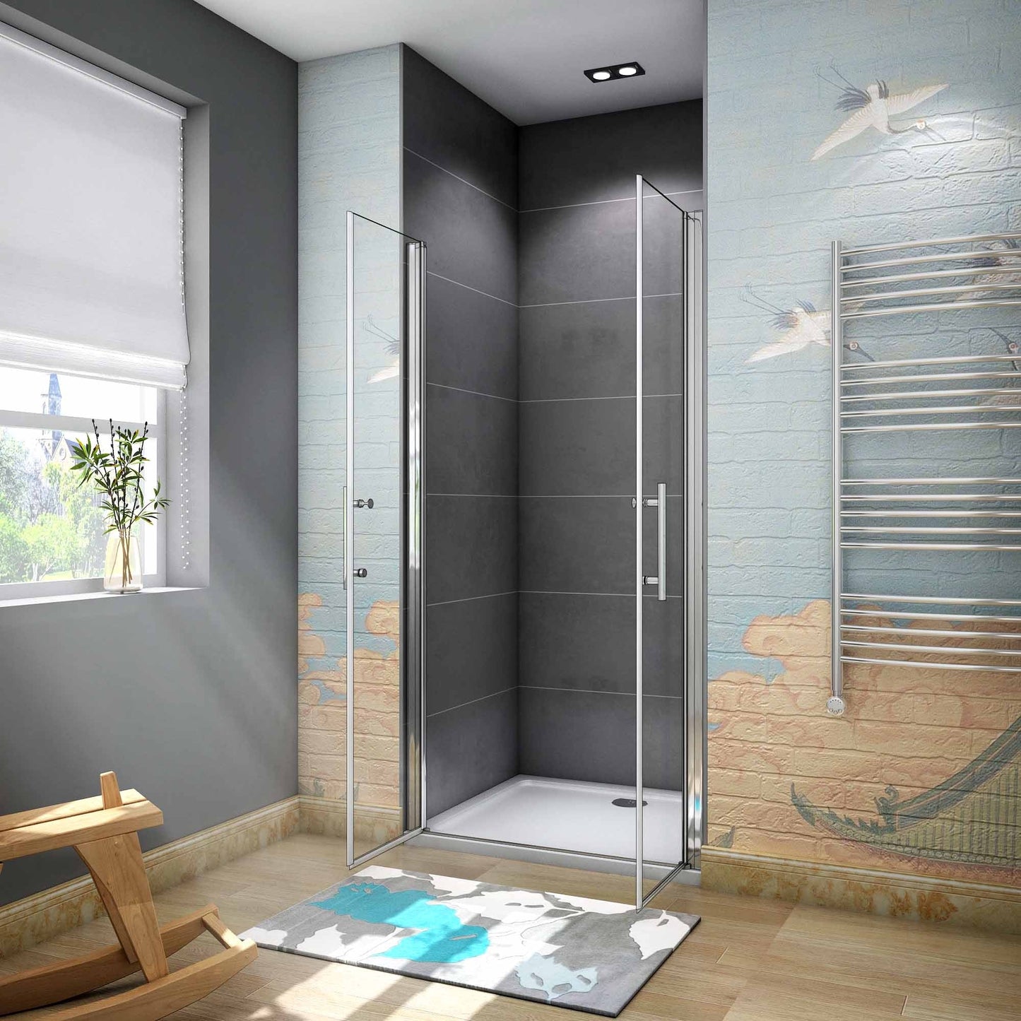 Dvoukřídlé sprchové dveře do niky z 6mm bezpečnostního čirého NANO skla s EasyClean povrchem. Elegantní leštěný hliníkový profil v chromové barvě, odolný proti korozi. Univerzální montáž pro levou i pravou stranu (L/P), výška 195 cm. Dveře obsahují magnetickou lištu pro dokonalé těsnění a madlo pro pohodlné otevírání. Ideální řešení pro moderní koupelny a sprchové kouty v rozměrech 70-140 cm. Skleněné posuvné dveře s otočným mechanismem, snadno čistitelné, vhodné do malých prostorů i výklenků.