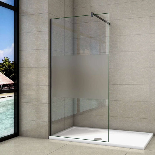 Walk-in sprchová zástěna s privacy pásem, 70-140cm, 8mm nano bezpečnostní sklo s anti-explosion fólií, černá hliníková vzpěra, moderní design do koupelny