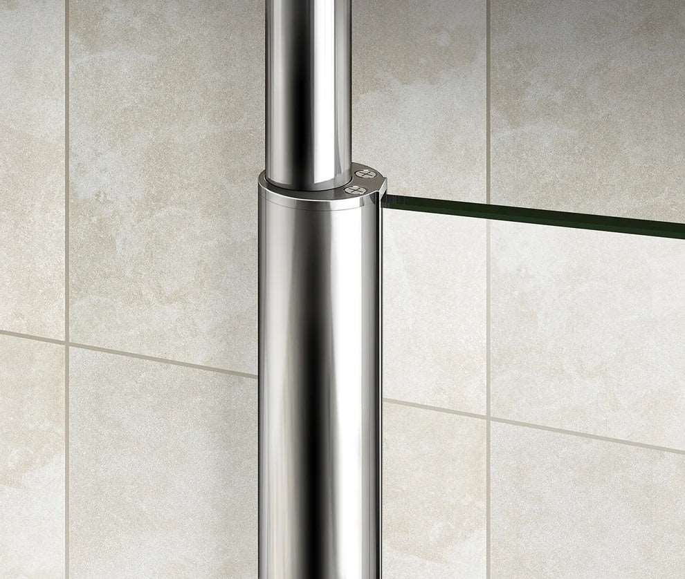 Walk-in sprchová zástěna s nastavitelnou šířkou 70–140 cm | 8mm NANO sklo s matným privacy pásem, Anti-Explosion fólie, stropní chromová tyč a korozivzdorný hliník pro bezpečný a moderní sprchový kout.