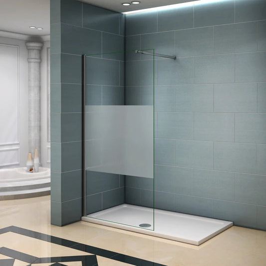 Walk-In sprchová zástěna s PRIVACY PÁSEM | 8mm NANO bezpečnostní sklo | Matný středový pás 950mm | Rozměr 70-140cm | Anti-Explosion fólie | Chromový hliníkový rám | Moderní design do koupelny
