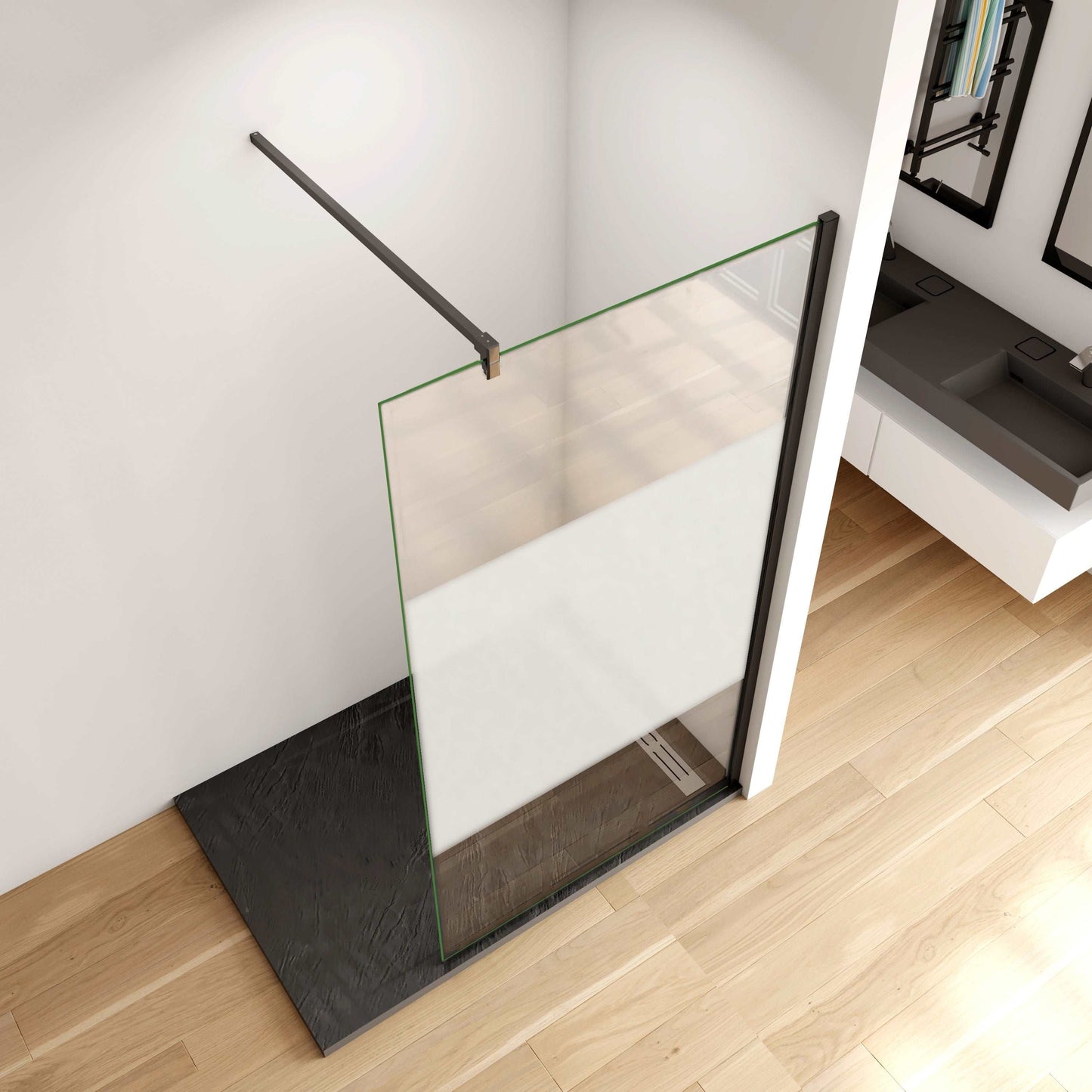 Walk in sprchová zástěna s privacy pásem, černá designová zástěna do koupelny s 10mm nano bezpečnostním sklem a anti-explosion fólií. Nastavitelná šířka 70-140cm, výška 200cm, univerzální montáž (vlevo/vpravo), černá hliníková vzpěra F-123B/F-084B. Moderní sprchový kout s neprůhledným středovým pásem pro soukromí.