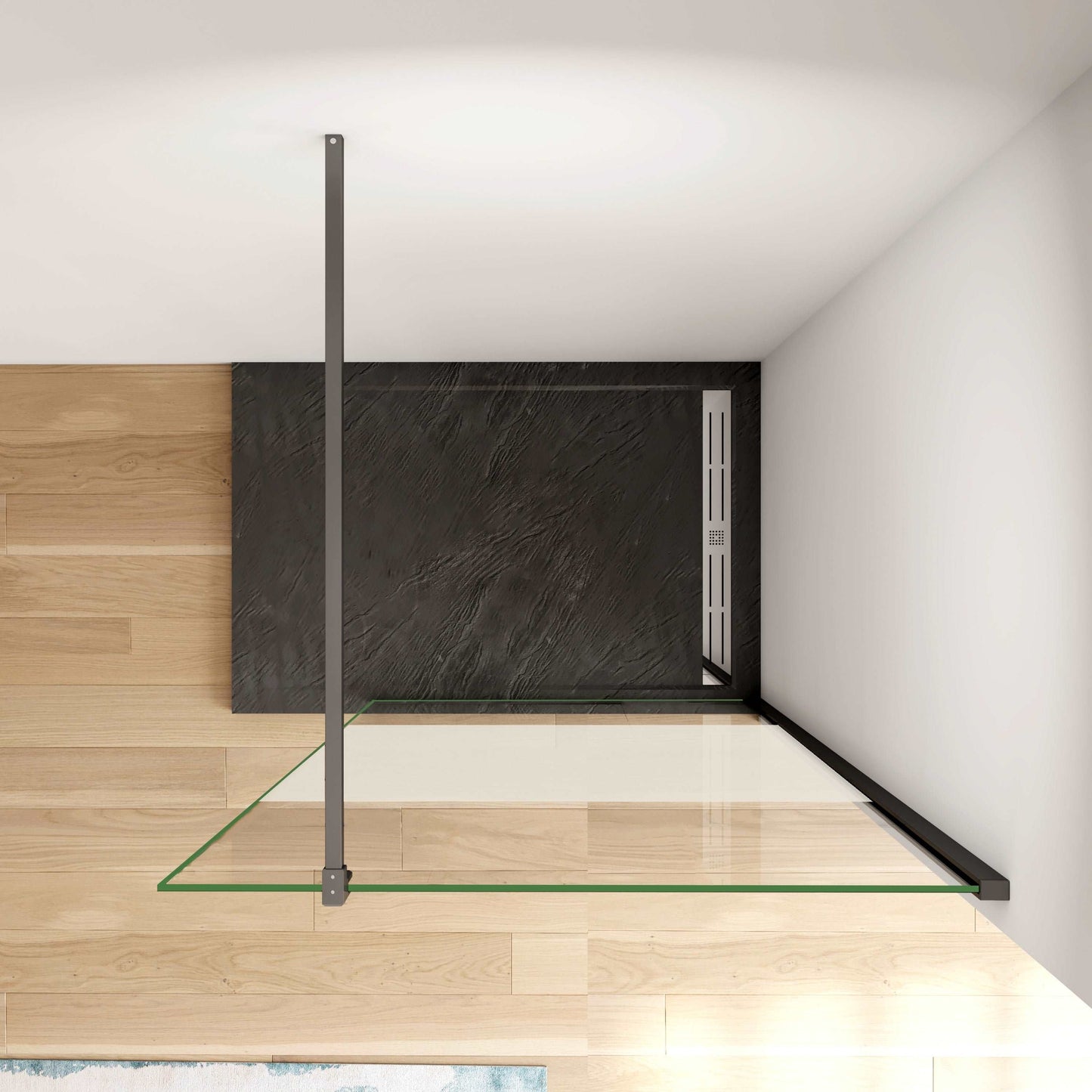 Walk in sprchová zástěna s privacy pásem, černá designová zástěna do koupelny s 10mm nano bezpečnostním sklem a anti-explosion fólií. Nastavitelná šířka 70-140cm, výška 200cm, univerzální montáž (vlevo/vpravo), černá hliníková vzpěra F-123B/F-084B. Moderní sprchový kout s neprůhledným středovým pásem pro soukromí.