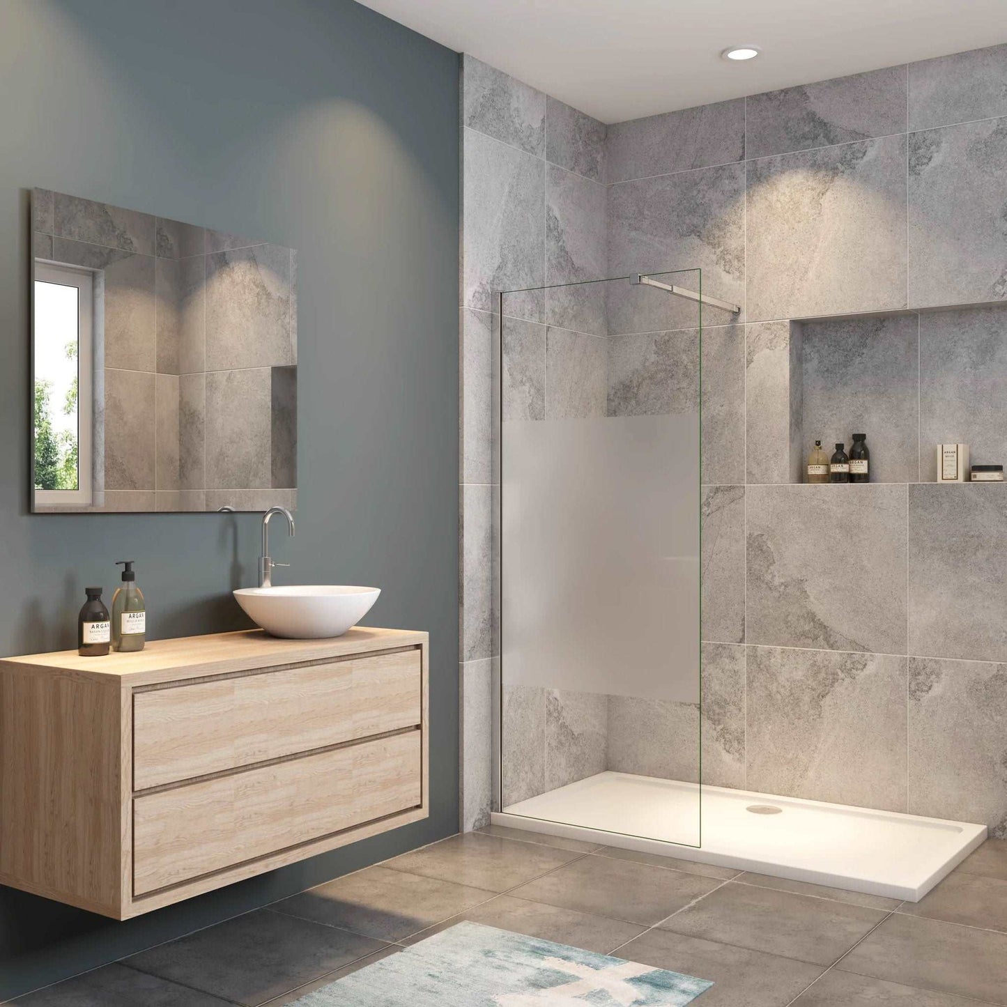 Walk-In sprchová zástěna privacy s 10mm NANO sklem a středovým matným pásem - chromový design pro moderní koupelnu (rozměry 70-140cm, výška 200cm, anti-explosion fólie, EasyClean povrch)