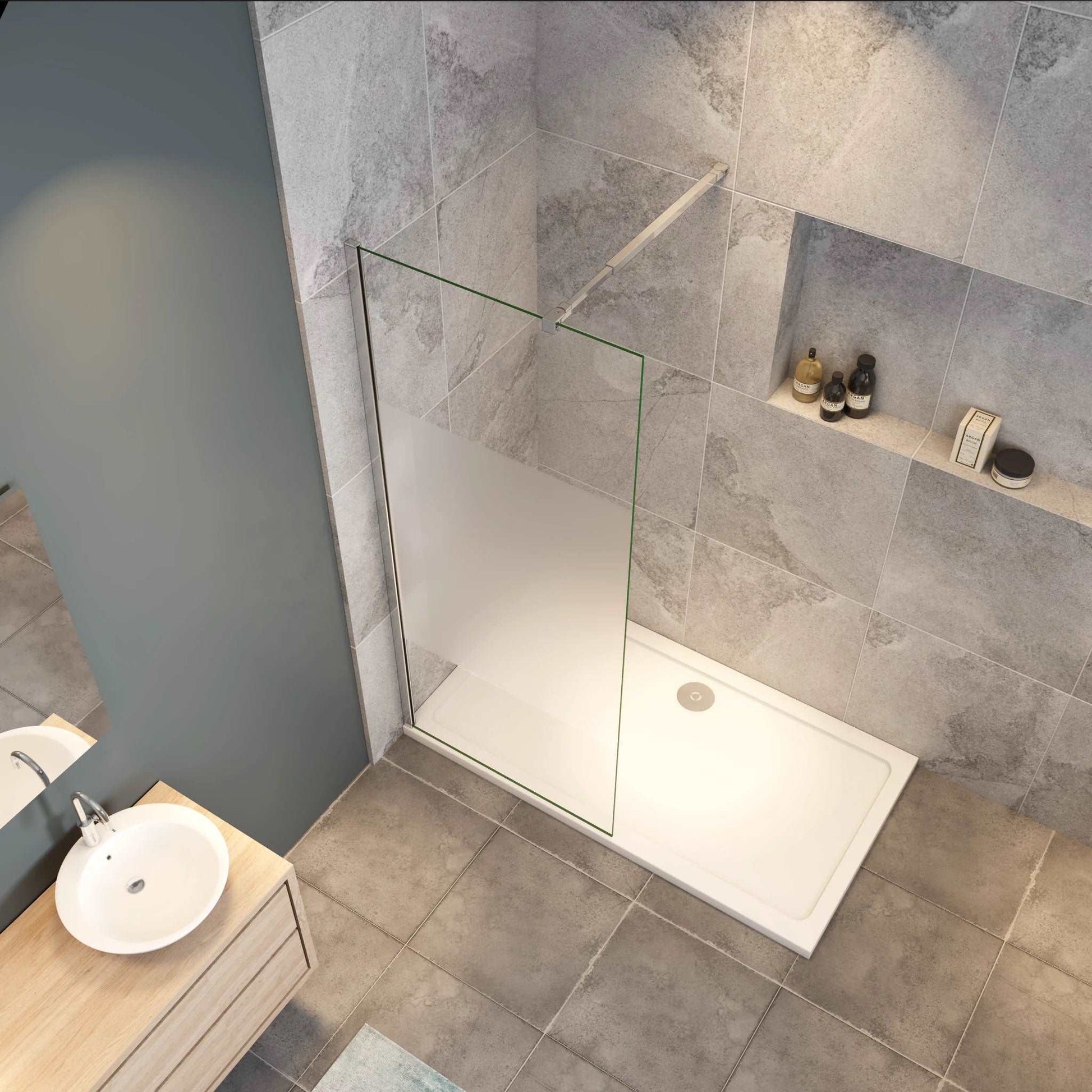 Walk-In sprchová zástěna privacy s 10mm NANO sklem a středovým matným pásem - chromový design pro moderní koupelnu (rozměry 70-140cm, výška 200cm, anti-explosion fólie, EasyClean povrch)