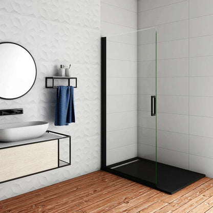 Moderní jednokřídlé sprchové dveře z 8mm NANO skla s černými hliníkovými profily – rozměr 76-96 cm, výška 200 cm. Walk-in design s EasyClean povrchem proti usazování vodního kamene a nečistot. Bezpečnostní sklo, odolné proti rozbití, s elegantním zinkovým madlem. Ideální do malých i velkých koupelen. Univerzální montáž vlevo nebo vpravo.