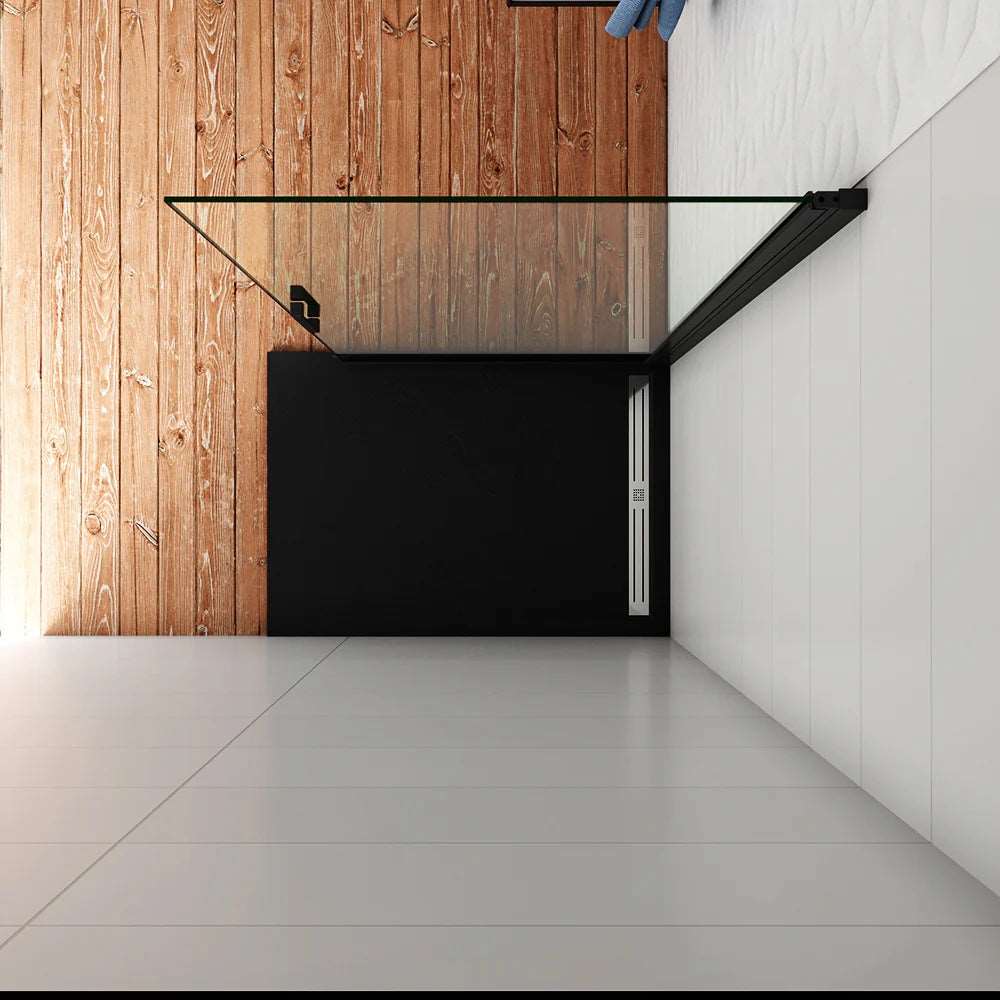 Průhledné jednokřídlé sprchové dveře z 8mm tlustého NANO skla s anti-korozní úpravou. Čiré bezpečnostní sklo s nano vrstvou pro snadné čištění a odolnost proti vodnímu kameni. Rozměry 76-96 cm šířka, 200 cm výška. Černé hliníkové rámy odolné proti rzi. Vhodné pro moderní koupelny.