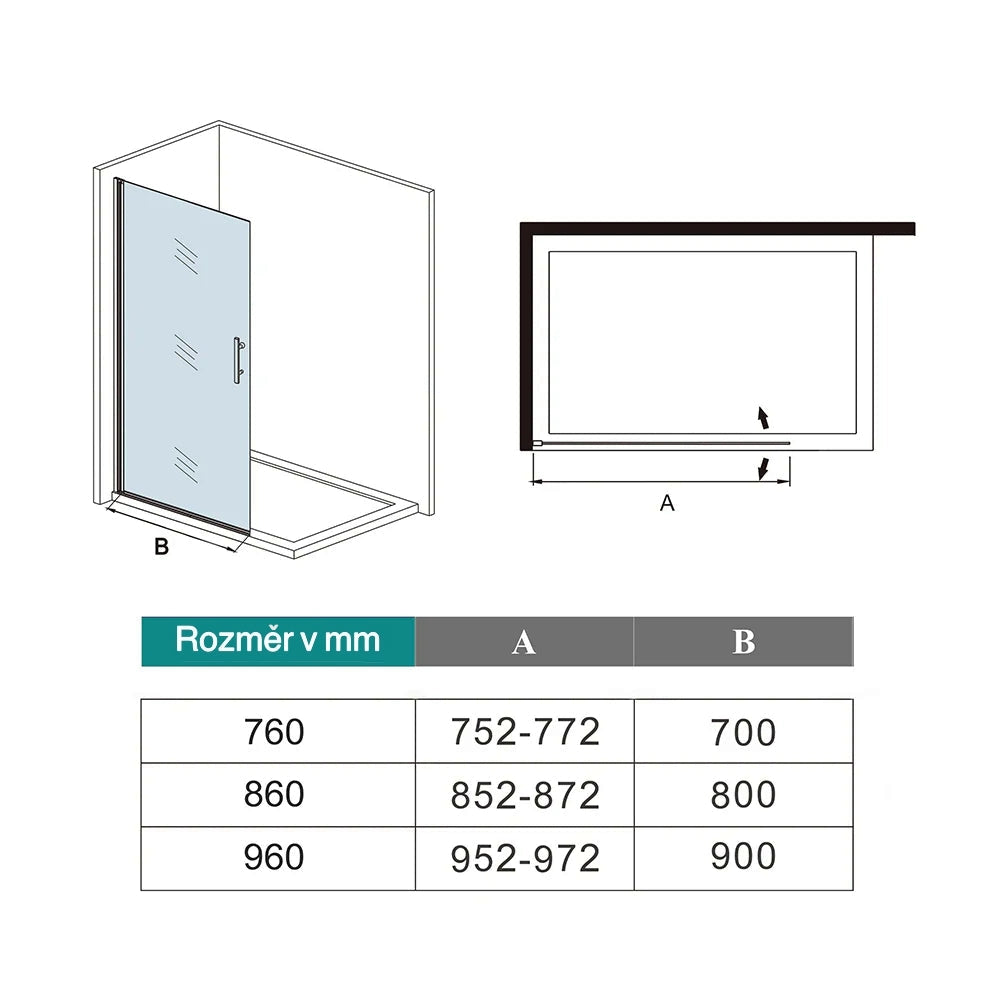 Přesné rozměry jednokřídlých sprchových dveří s NANO sklem: šířka 76-96 cm (s nastavitelným rozsahem 2 cm), výška 200 cm. Nákres zobrazuje vnější rozměry včetně profilové lišty a montážního prostoru. Měření pro walk-in sprchový kout s 8mm bezpečnostním sklem a černými hliníkovými profily.