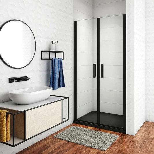 Dvoukřídlé sprchové dveře do niky 80-100cm - černé NANO sklo 8mm s hliníkovým profilem - moderní design sprchového koutu s univerzální montáží L/P - výška 200cm - bezpečnostní skleněné dveře s magnetickým těsněním