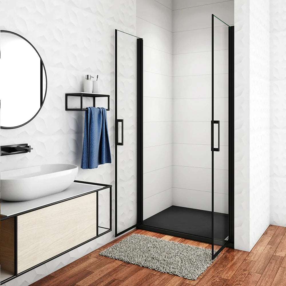 Dvoukřídlé sprchové dveře do niky 80-100cm - černé NANO sklo 8mm s hliníkovým profilem - moderní design sprchového koutu s univerzální montáží L/P - výška 200cm - bezpečnostní skleněné dveře s magnetickým těsněním