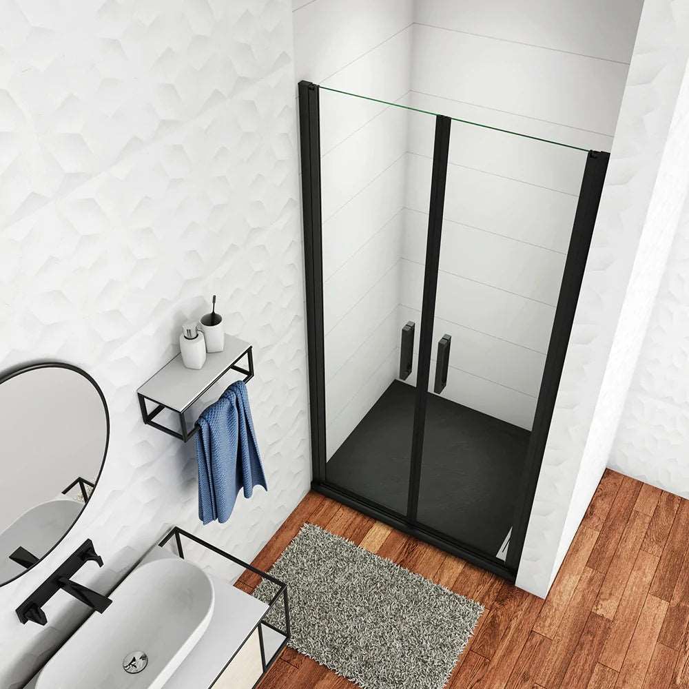 Dvoukřídlé sprchové dveře do niky 80-100cm - černé NANO sklo 8mm s hliníkovým profilem - moderní design sprchového koutu s univerzální montáží L/P - výška 200cm - bezpečnostní skleněné dveře s magnetickým těsněním