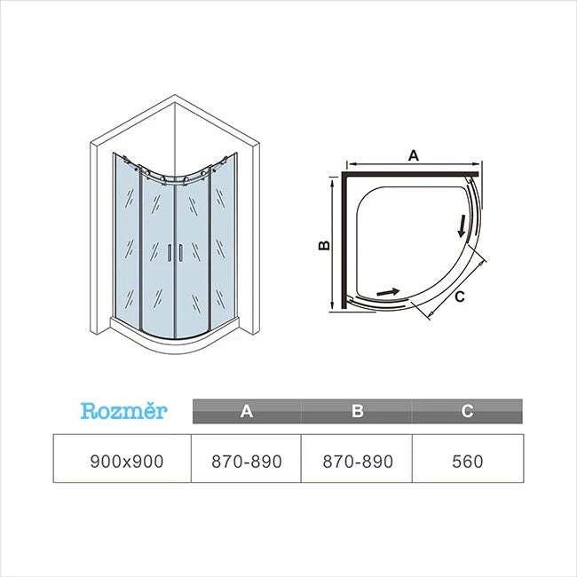 AICA čtvrtkruhový sprchový kout 90x90 s posuvnými dveřmi - kvalitní 6mm NANO čiré sklo s EasyClean povrchem, elegantní chromová úprava, výška 195cm. Profesionální sprchový box s hladkým posuvným mechanismem, vhodný do rohu koupelny. Odolný proti vodnímu kameni, snadná údržba a moderní design.