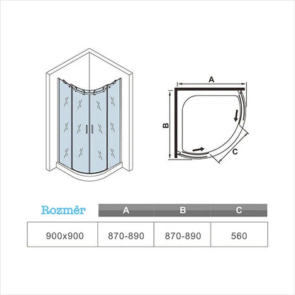 AICA čtvrtkruhový sprchový kout 90x90 s posuvnými dveřmi - kvalitní 6mm NANO čiré sklo s EasyClean povrchem, elegantní chromová úprava, výška 195cm. Profesionální sprchový box s hladkým posuvným mechanismem, vhodný do rohu koupelny. Odolný proti vodnímu kameni, snadná údržba a moderní design.