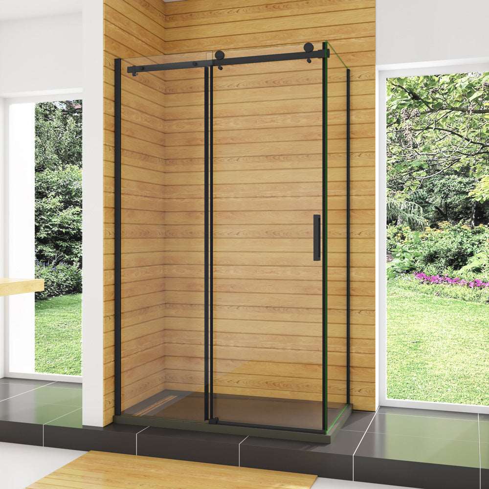 AICA sprchový kout obdélníkový s posuvnými dveřmi SKB-2E-20-8SPKLB-R, rozměry 100-140cm, 8mm tlusté NANO sklo s povrchovou úpravou EasyClean, černý antikorozní hliníkový profil, boční panel 80-90cm, výška 200cm, moderní sprchový box s výklopnými dveřmi, kvalitní koupelnový nábytek, voděodolná konstrukce, snadná instalace sprchového koutu