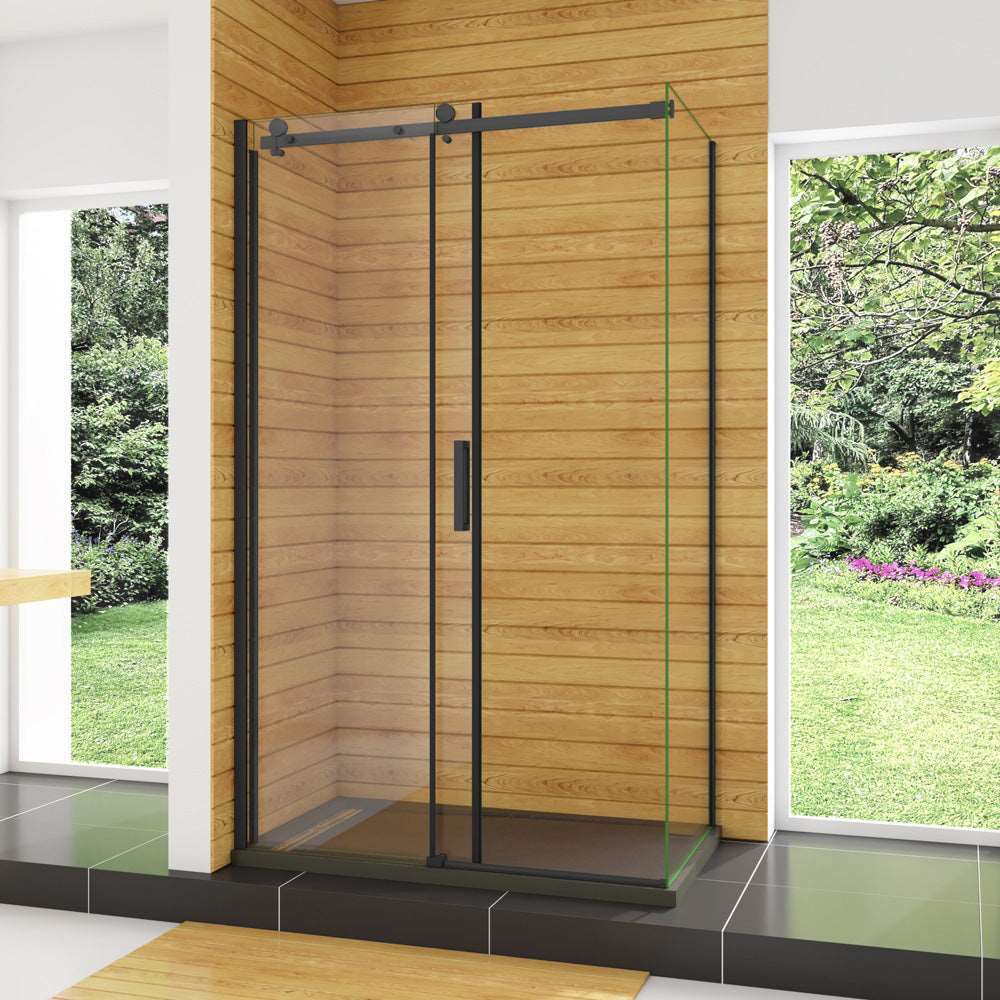 AICA sprchový kout obdélníkový s posuvnými dveřmi SKB-2E-20-8SPKLB-R, rozměry 100-140cm, 8mm tlusté NANO sklo s povrchovou úpravou EasyClean, černý antikorozní hliníkový profil, boční panel 80-90cm, výška 200cm, moderní sprchový box s výklopnými dveřmi, kvalitní koupelnový nábytek, voděodolná konstrukce, snadná instalace sprchového koutu