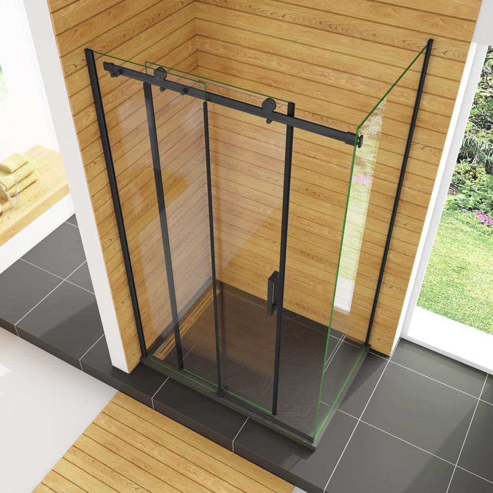 AICA sprchový kout obdélníkový s posuvnými dveřmi SKB-2E-20-8SPKLB-R, rozměry 100-140cm, 8mm tlusté NANO sklo s povrchovou úpravou EasyClean, černý antikorozní hliníkový profil, boční panel 80-90cm, výška 200cm, moderní sprchový box s výklopnými dveřmi, kvalitní koupelnový nábytek, voděodolná konstrukce, snadná instalace sprchového koutu