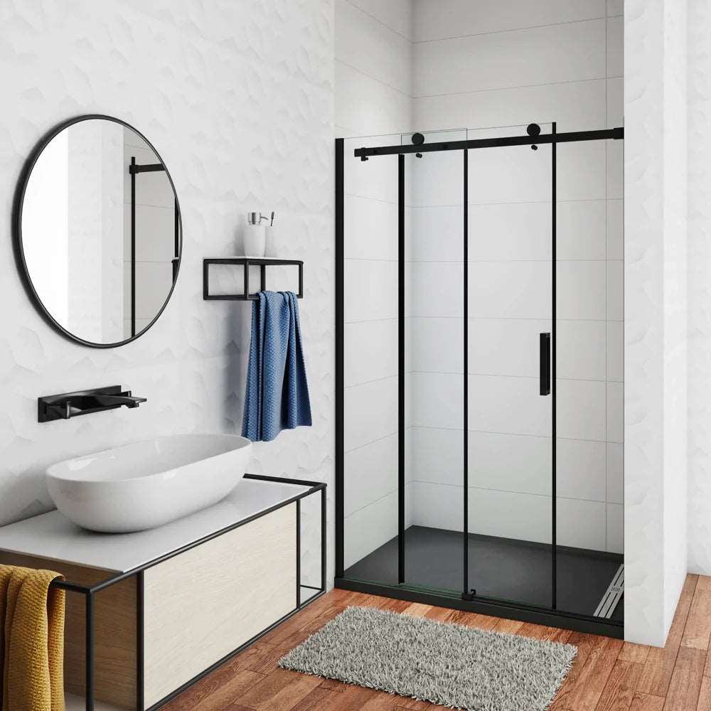 Černé posuvné sprchové dveře SKB-2E-20-8 z 8mm NANO skla - moderní sprchový kout v elegantní černé barvě. Rozměry 100cm, 120cm nebo 140cm šířka × 200cm výška s možností nastavení o ±4cm. Univerzální montáž L/P, hliníkový korozivzdorný profil, bezpečnostní tepelně tvrzené sklo s nano ochranou proti vodnímu kameni. Posuvný systém a madlo ze slitiny zinku. Ideální řešení pro malé i velké koupelny. Snadná údržba, moderní design a vysoká kvalita materiálů