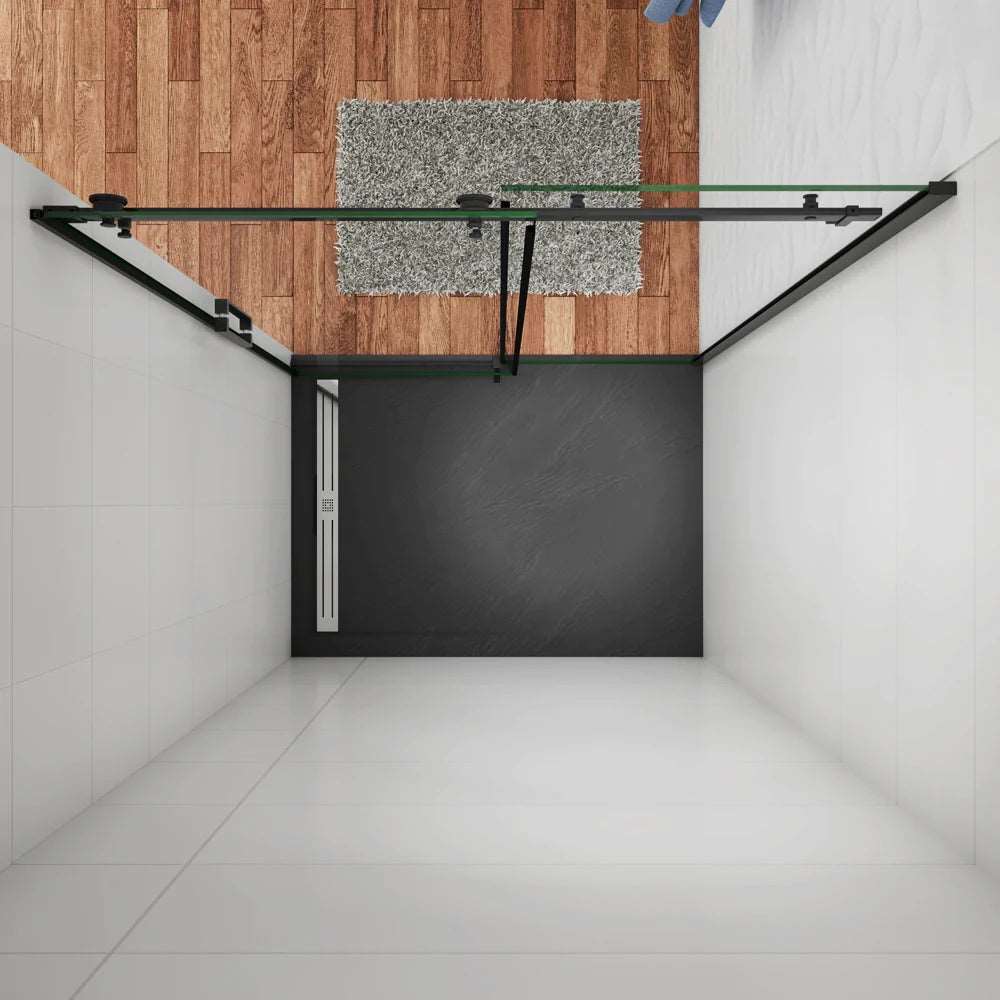 Černé posuvné sprchové dveře SKB-2E-20-8 z 8mm NANO skla - moderní sprchový kout v elegantní černé barvě. Rozměry 100cm, 120cm nebo 140cm šířka × 200cm výška s možností nastavení o ±4cm. Univerzální montáž L/P, hliníkový korozivzdorný profil, bezpečnostní tepelně tvrzené sklo s nano ochranou proti vodnímu kameni. Posuvný systém a madlo ze slitiny zinku. Ideální řešení pro malé i velké koupelny. Snadná údržba, moderní design a vysoká kvalita materiálů