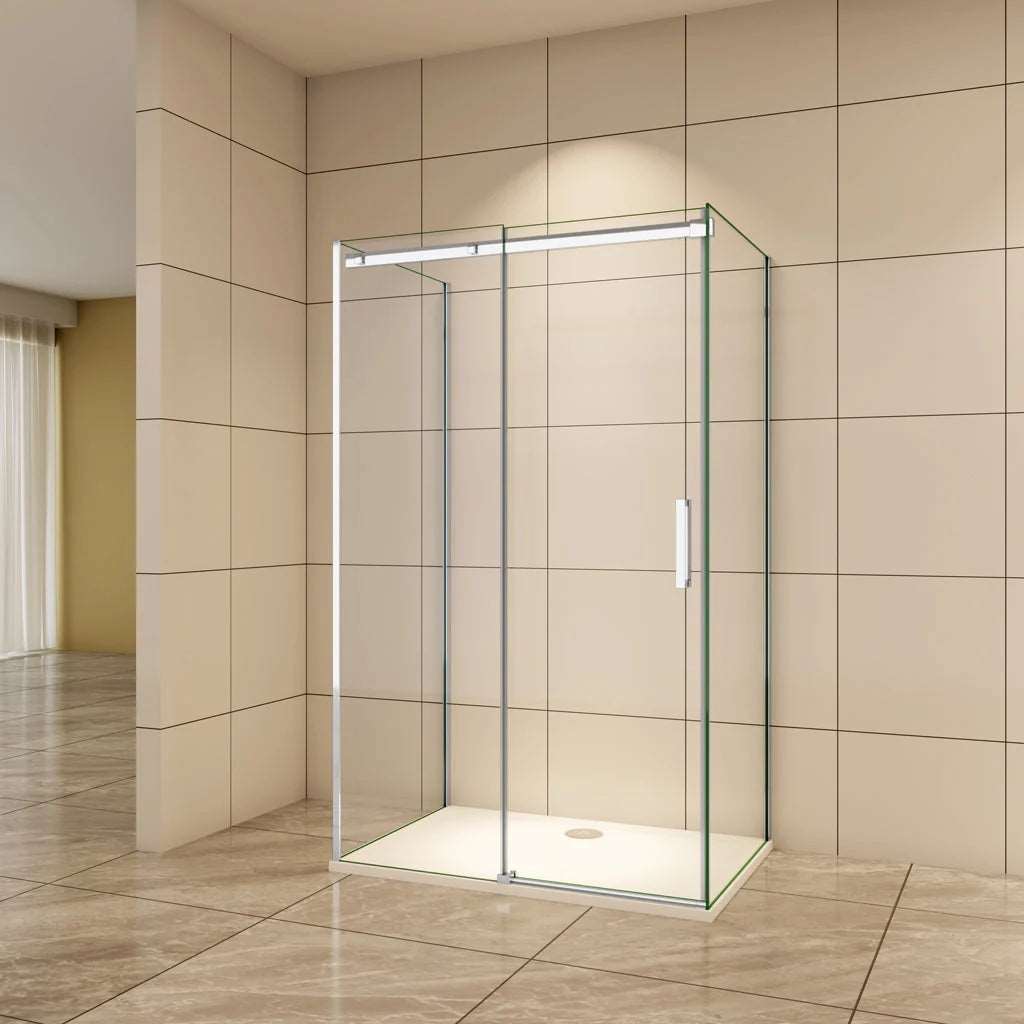 AICA Sprchový kout U tvar SL-2N-95-2SPKL – posuvné dveře s NANO povrchom, 6mm čiré bezpečnostné sklo EasyClean, chromový hliníkový rám, 2 bočné panely (80/90cm), nastaviteľná šírka dverí (100-160cm), výška 195cm, moderný sprchový box do malej aj veľkej kúpeľne, odolný proti korózii, s nerezovým madlom a magnetickým tesnením