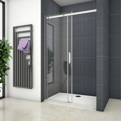 Posuvné sprchové dveře 100-160cm s 8mm NANO sklem EasyClean – moderní design do koupelny, univerzální levopravá montáž, výška 195cm, chromový hliníkový profil, bezpečnostní temperované sklo, voděodolný sprchový kout, snadno udržovatelné posuvné dveře se zinkovými kolečky