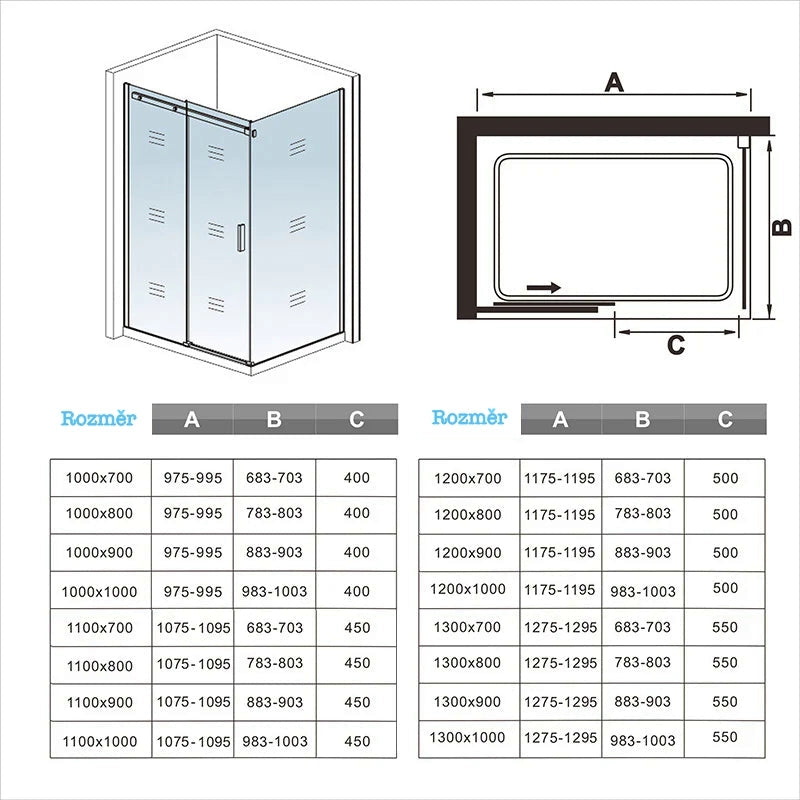 AICA Sprchový kout SL-2NE-95-8-2SPKL - U tvar, posuvné dveře, 8mm NANO sklo EasyClean, chrom, boční panely 80cm/90cm, výška 195cm, moderní sprchový box, keramická vanička, montážní návod