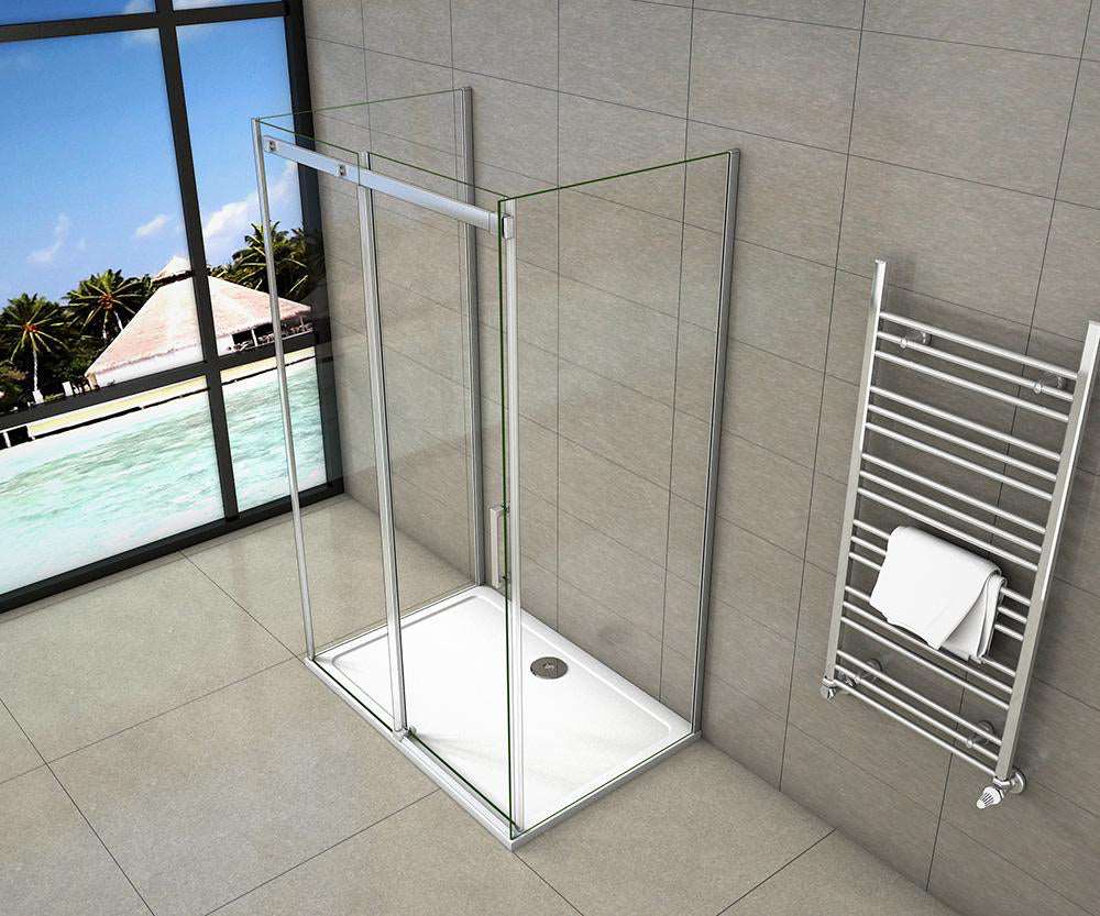 AICA Sprchový kout SL-2NE-95-8-2SPKL - U tvar, posuvné dveře, 8mm NANO sklo EasyClean, chrom, boční panely 80cm/90cm, výška 195cm, moderní sprchový box, keramická vanička, montážní návod