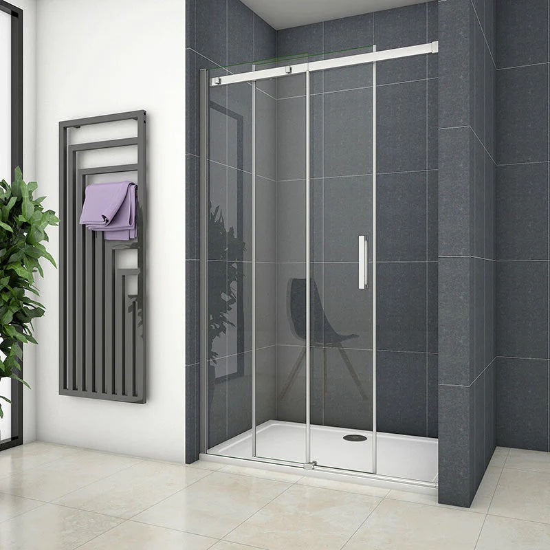 Posuvné sprchové dveře 100-160cm s 8mm NANO sklem EasyClean – moderní design do koupelny, univerzální levopravá montáž, výška 195cm, chromový hliníkový profil, bezpečnostní temperované sklo, voděodolný sprchový kout, snadno udržovatelné posuvné dveře se zinkovými kolečky