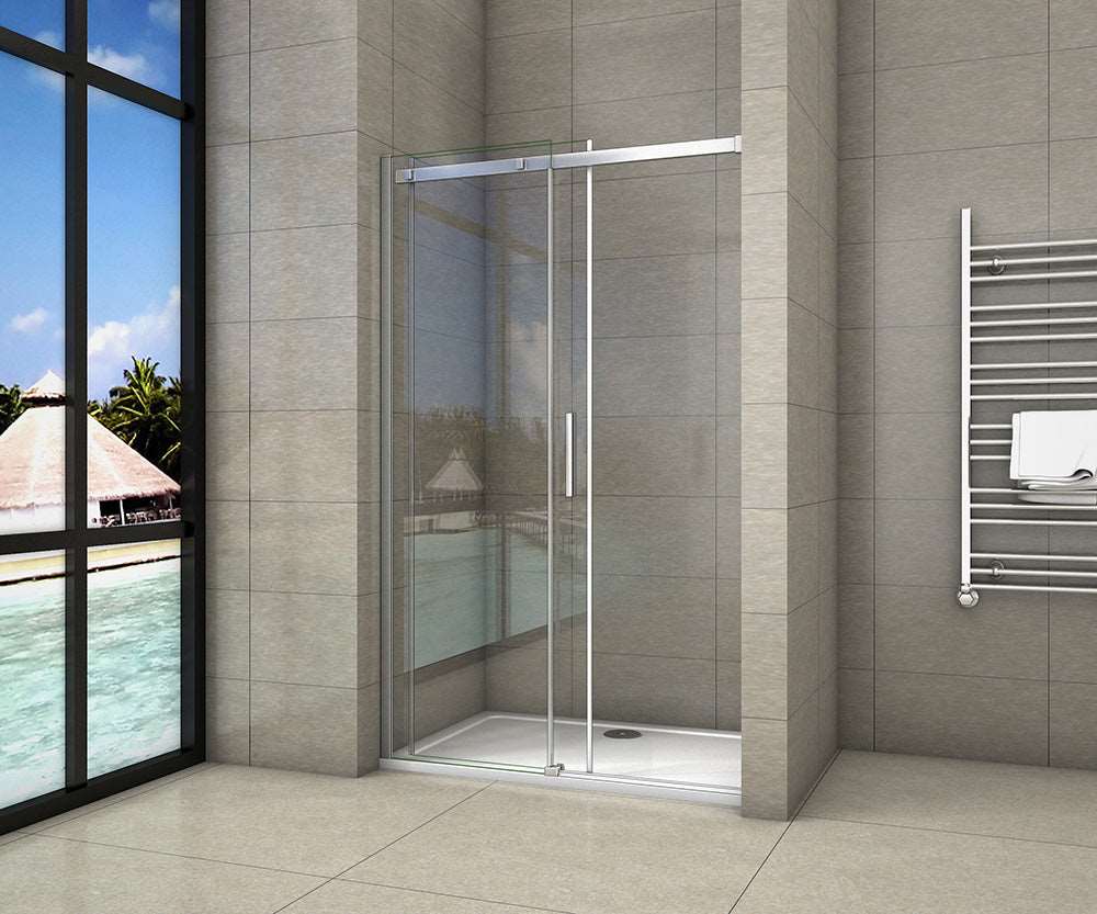 Profesionální posuvné sprchové dveře na míru 100-160 cm s 6mm bezpečnostním NANO sklem EasyClean - voděodolný hliníkový rám v chromu, tiché kolečkové vedení a univerzální levopravá montáž pro moderní koupelnu