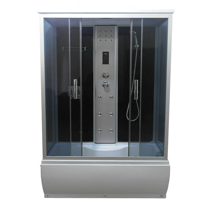 Masážní sprchový box 120x85x215 cm – sprchový kout s 6 tryskami, tropickou sprchou, rádiem, ventilátorem a LED osvětlením | Černé tvrzené sklo, posuvné dveře, akrylátová vanička se sedátkem

